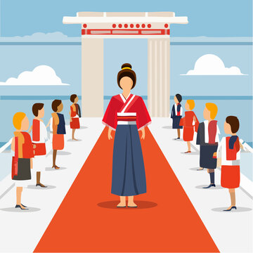 Woman in traditional Japanese kimono standing on red carpet.
