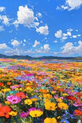 Vibrant field of colorful flowers under a vibrant blue sky with fluffy white clouds