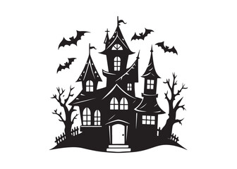 Scary Haunted House Silhouette Spooky Halloween Night with Flying Bats.