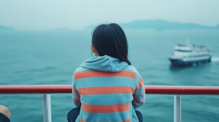 Fototapeta premium Woman with dark hair wea a striped hoodie looking out at the sea from a ship's deck with a large ferry boat sailing in the background and calm blue water scene