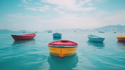 Calm sea with colorful small boats floating on clear turquoise water under a partly cloudy sky du daytime in a peaceful coastal setting