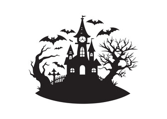 Halloween Haunted House Icon Creepy Silhouette with Flying Bats Illustration.