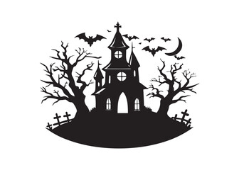 Halloween Haunted House Icon Creepy Silhouette with Flying Bats Illustration.