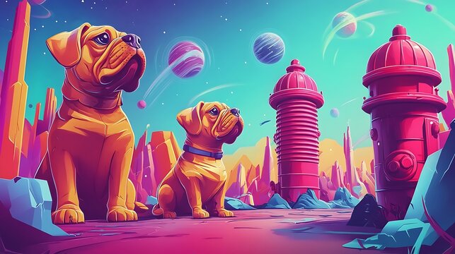 Colorful dogs in imaginary landscape