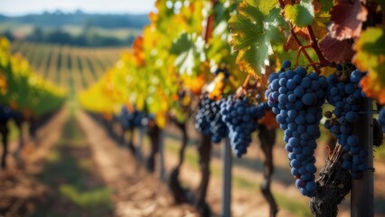 Naklejka premium Autumn's Bounty: Sun-Kissed Grapes on the Vine in a Golden-Lit Vineyard Row