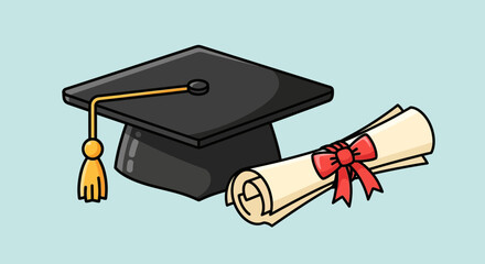 Graduation Cap, Tassel, and Diploma Scroll with Red Ribbon. Academic Achievement and Education Success Concept.