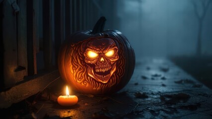 Eerie Skull-Carved Pumpkin Aglow with Fiery Eyes Beside a Flickering Candle on a Misty Halloween Night