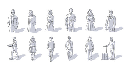 Hand-drawn sketch people figures set. Diverse human silhouettes in line art style with shadows.