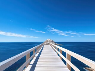 Scenic wooden pier extending over calm ocean waters under bright blue sky with scattered clouds in a peaceful coastal setting