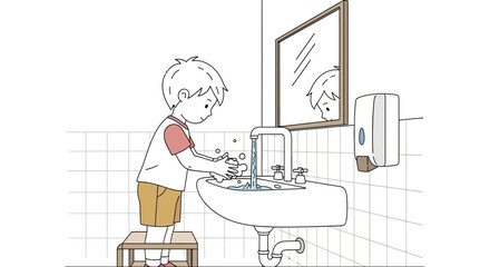 Little boy on stool washing hands in bathroom sink, promoting hygiene and cleanliness