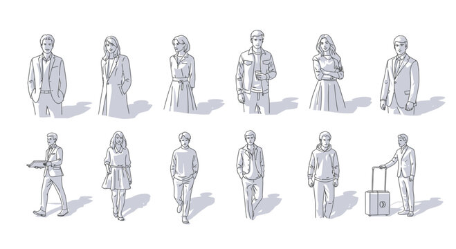 Hand-drawn sketch people figures set. Diverse human silhouettes in line art style with shadows.