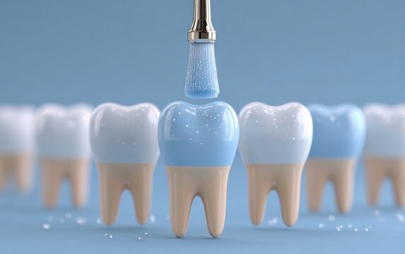Tooth enamel treatment.  Brush applies a blue protective coating