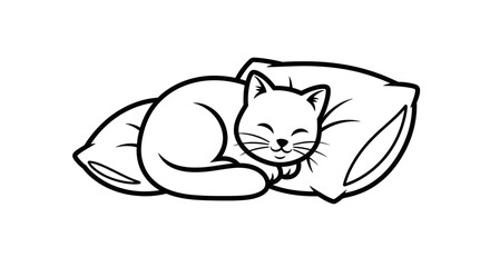 Peaceful sleeping cat on pillows. Cozy pet line art illustration