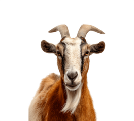Half-body portrait of a goat directly facing the camera
