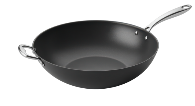 Modern wok on kitchen counter with cooking utensils isolated on white background