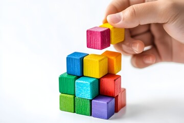 Obraz premium Marketing creation concept with hands and colorful building blocks.
