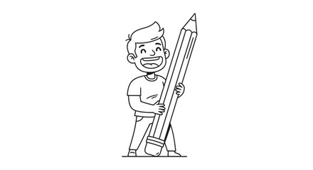 Cheerful Boy Holding Big Pencil. Line Art for Creativity, Learning & Education.