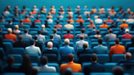 Fototapeta premium Large crowd of diverse people sitting in an torium or conference hall facing forward with focus on the ence
