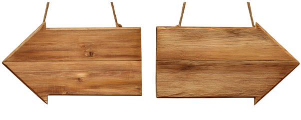 Two wooden arrow signs hanging by ropes