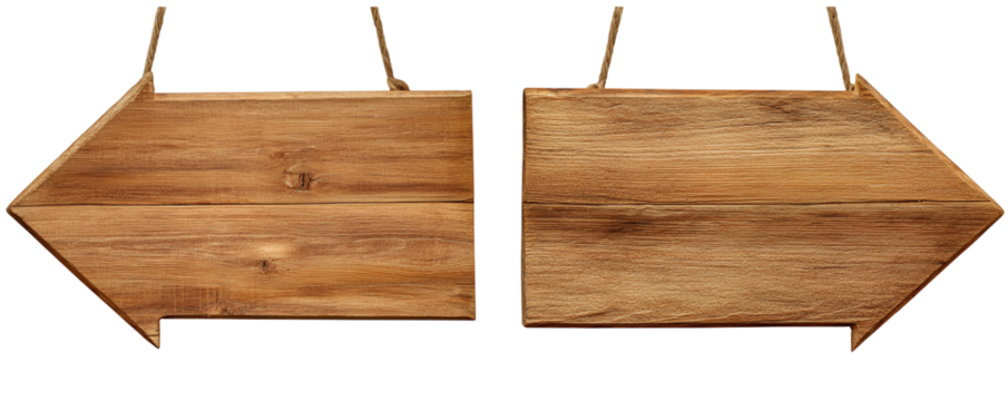Two wooden arrow signs hanging by ropes