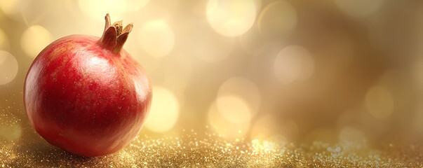 Pomegranate on gold glitter, bokeh background