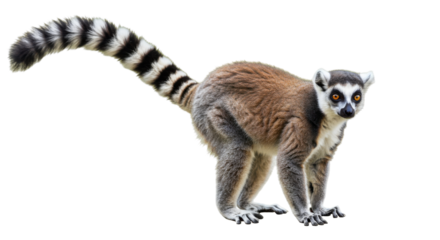 A playful lemur crouching isolated on white background showcasing its vibrant fur and expressive eyes