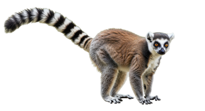 A playful lemur crouching isolated on white background showcasing its vibrant fur and expressive eyes