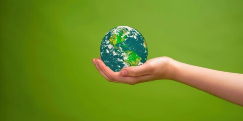 A child's hand holding a globe with a green and blue color scheme against a green background
