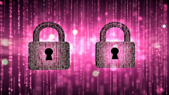 Two digital locks on a vibrant pink background with binary code, symbolizing online security and privacy