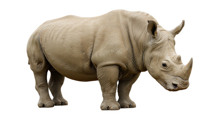 Fototapeta premium A solitary rhinoceros isolated on white background stands in a natural habitat showcasing its robust form and textured skin