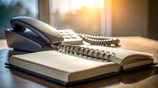 Open notebook and telephone on desk warm light