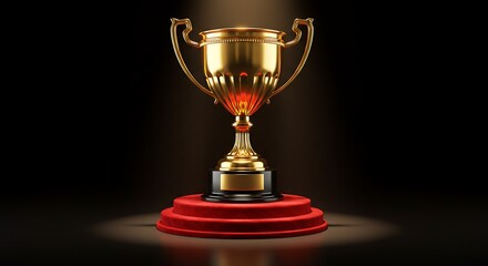 Golden trophy cup on a red pedestal symbolizing victory success and achievement against a dark background with spotlight for winners
