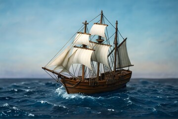 Model Wooden Sailing Ship Floating on Ocean with Blue Sky in Background
