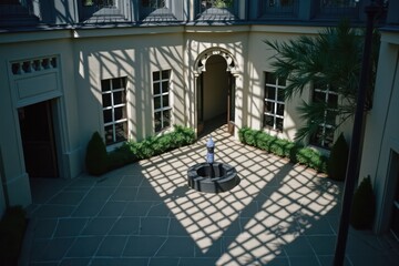 Beautiful courtyard with fountain, surrounded by architecture and garden design