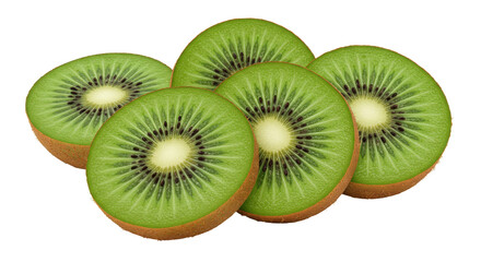 Fototapeta premium Freshly sliced kiwi fruit arranged artistically isolated on white background showcasing vibrant colors