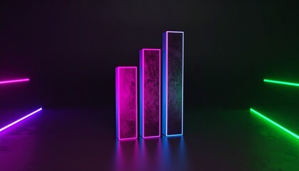 Vibrant Neon Bar Chart Displaying Data Growth and Progress in a Modern Digital Environment, Illuminated with Dynamic Light Effects