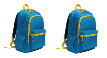 Two vibrant blue backpacks with yellow accents isolated on white background