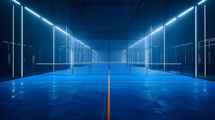 Modern indoor squash court with vibrant blue flooring and illuminated glass walls, creating a dynamic atmosphere