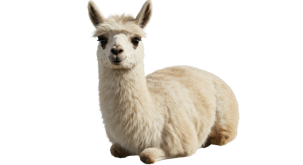 A serene llama resting isolated on white background