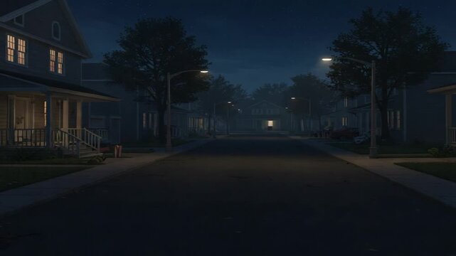 Quiet suburban street at night with illuminated houses and soft streetlights casting shadows