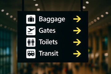 Airport Signboard Showing Baggage Gates Toilets Transit in Modern Indoor Setting