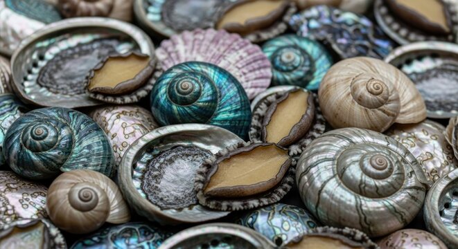 A clustered array of assorted seashells, diverse in color, texture, and form, showcasing natural marine patterns
