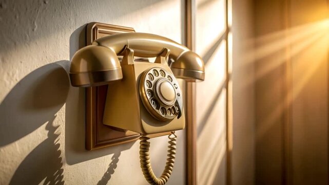 Vintage rotary phone on wall with sunlight