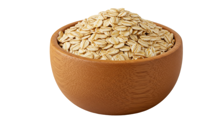 A wooden bowl filled with rolled oats isolated on white background showcasing a natural food setting