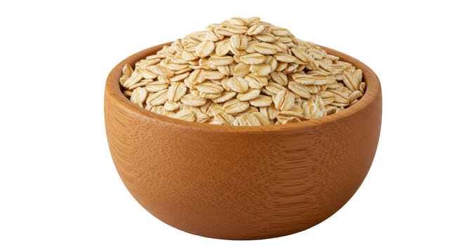 A wooden bowl filled with rolled oats isolated on white background showcasing a natural food setting - Powered by Adobe