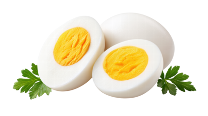 Boiled egg slices with bright yellow yolk and fresh green parsley leaves transparency background