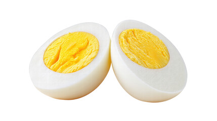 Boiled egg halves with clean slices showing defined layers and bright yellow yolk