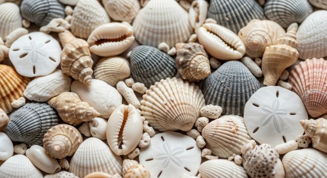 Variety of seashells in tan, gray, and white, densely packed with an organic texture, close-up view, overhead shot