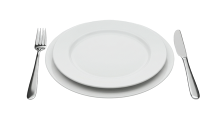 Elegant white dinner plate set isolated on white background with fork and knife fine dining setting