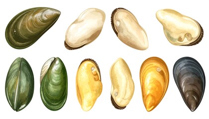 Collection of Fresh Mussels, Both Shelled and Unshelled, Displayed Against White Background.